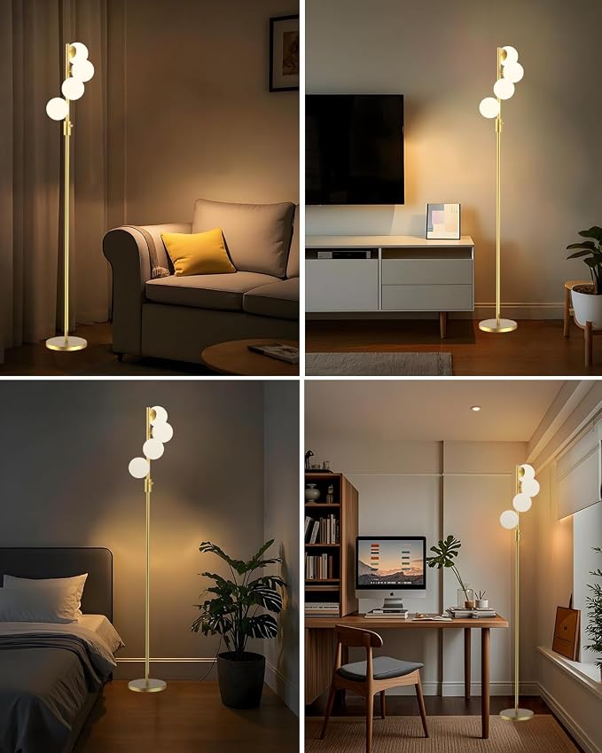 Gold Globe Floor Lamp Dimmable 64IN Tall Standing Lamps with Soft Warm White Eye Care 3000K G9 Bulbs, Mid Century Modern Floor Lamp with 5Lbs Heavy Base for Living Room Bedroom