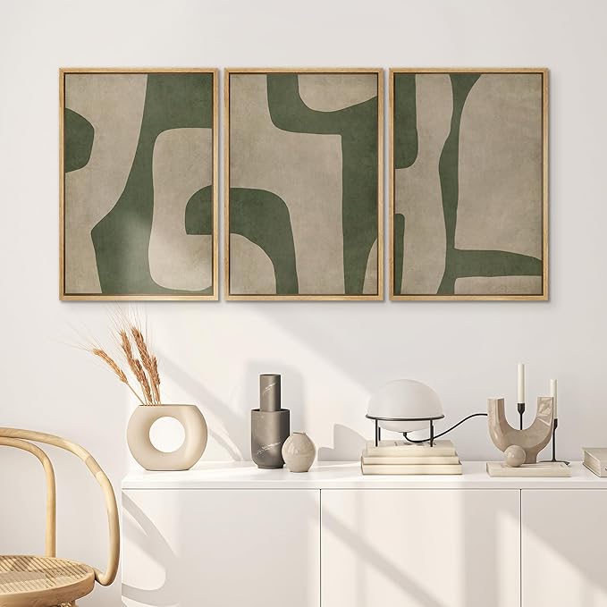 SIGNWIN Framed Canvas Print Wall Art Set Abstract Geometric Green and Beige Tones Illustrations Modern Art Decorative Boho Relax/Zen Nordic for Living Room, Bedroom, Office - 24"x36"x3 Natural