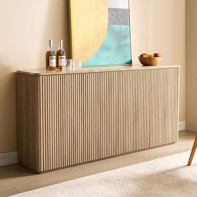 Fluted 4 Doors Sideboard Cabinet with Storage, 64" Wooden Credenza with Shelves, Faux Marble-Top Coffee Bar Console Table, Modern Buffet Cabinet for Dining, Kitchen, Living Room, Entryway, Natural Oak