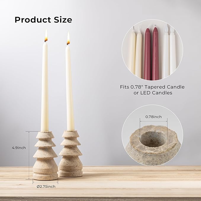 WORHE Marble Candle Holders Set of 2, Natural Stone Candlestick Holder for Christmas Decor, Wedding Centerpiece, Dining Table Fits 3/4" Taper Candles, Non-Slip Base, Light Brown (WH070)