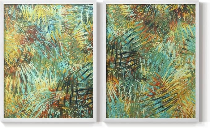 Renditions Gallery Set of 2 Peel & Stick Framed Prints, Nature Abstract Wall Art, Green Leafy Design Wall Decor, Re-Stickable - Ready to Hang - 11"x14" - White Frame LT588
