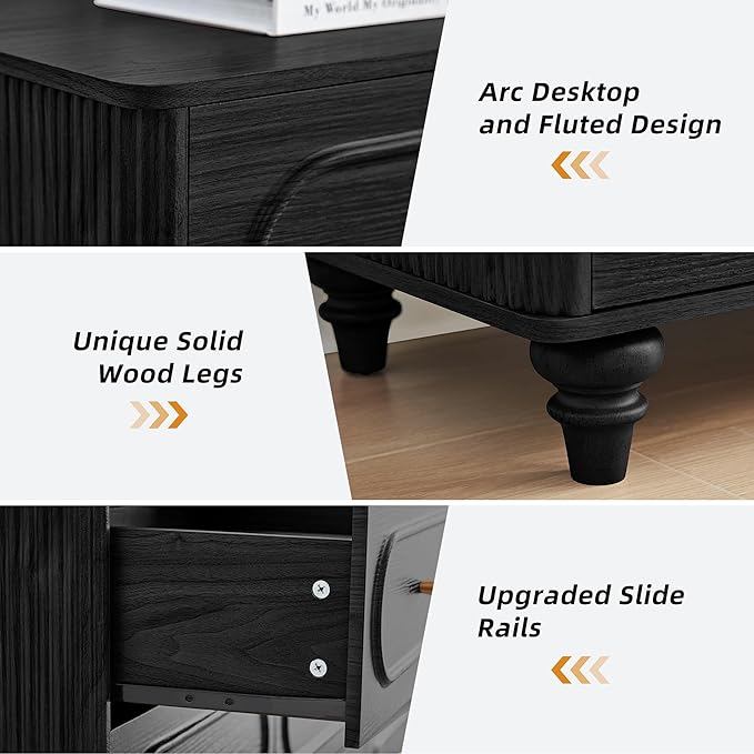 ORRD 9 Drawer Fluted Dresser for Bedroom, Mid Century Modern Chest of Drawers, Wood Storage Small Dresser Organizer for Bedroom Living Room Hallway Closet, Black