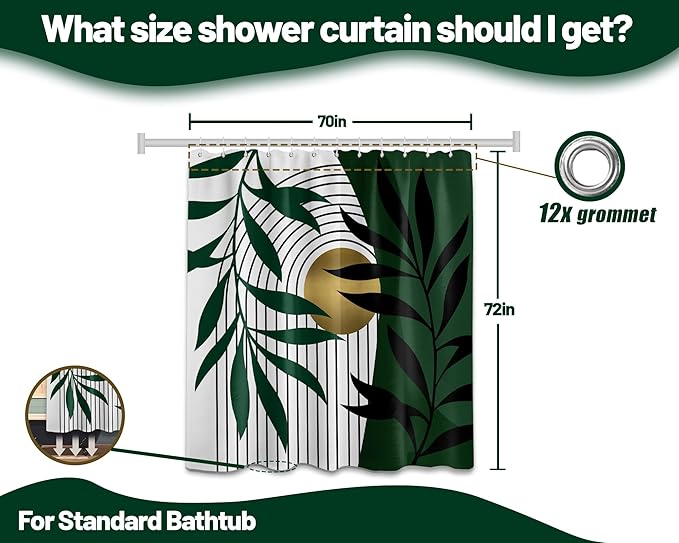 Olive Green and Gold Shower Curtain, Boho Modern Mid Century Shower Curtains for Bathroom Decor, Waterproof Fabric with Hooks, 70" W x 72" L