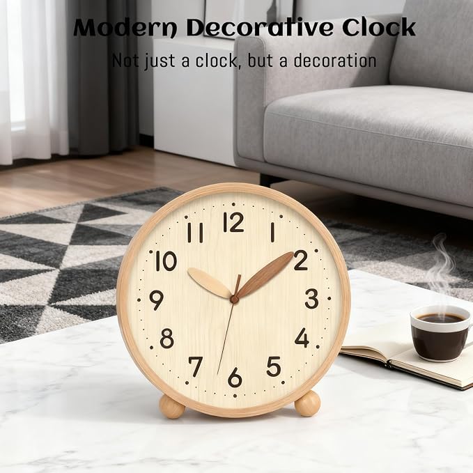 Maxspace Wooden Table Clock,8in Silent Non-Ticking Desk Clock,Battery Operated Desktop Analog Clock for Living Room Bedroom Kitchen Office Classroom Decor (Log - Log)