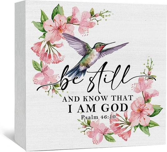 Be Still and Know That I Am God Sign - Inspirational Christian Hummingbird Office Bathroom Home Kitchen Desk Shelf Decor,Christian Scripture Hummingbird Wooden Box Signs,God Decor for Home