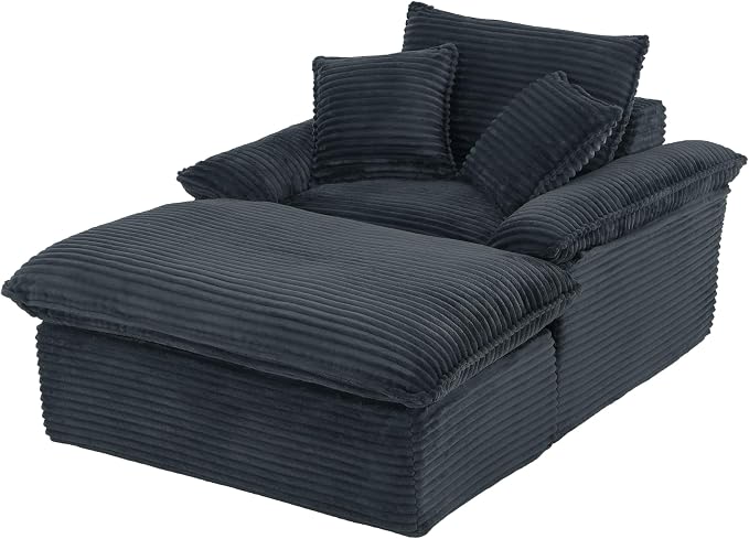 52" Boneless Chaise Lounge – Oversized Chaise Lounge Chair Indoor with Ottoman, Cup Holder & 3 Pillows, Corduroy 3-in-1 Floor Sleeper Chair Bed for Adults, Reading, Napping,Dark Grey
