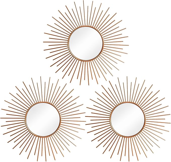 3 Pack Metal Mirrors for Wall Sunburst Wall Mirrors Home Décor Decorative Hanging Wall Art for Living Room Bedroom Entryway (Rose Gold2, Sunburst)