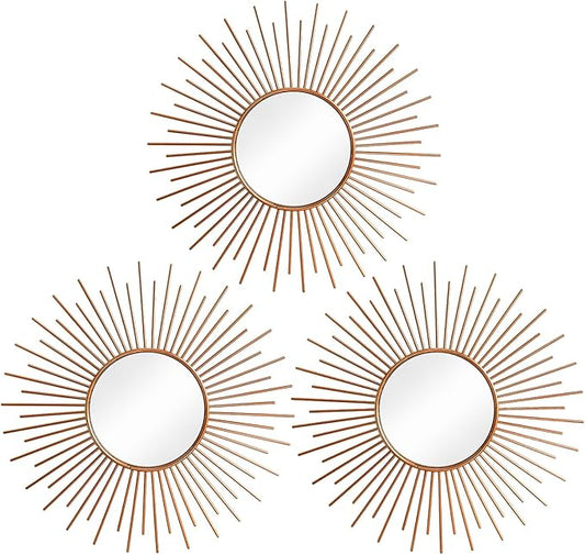 3 Pack Metal Mirrors for Wall Sunburst Wall Mirrors Home Décor Decorative Hanging Wall Art for Living Room Bedroom Entryway (Rose Gold2, Sunburst)