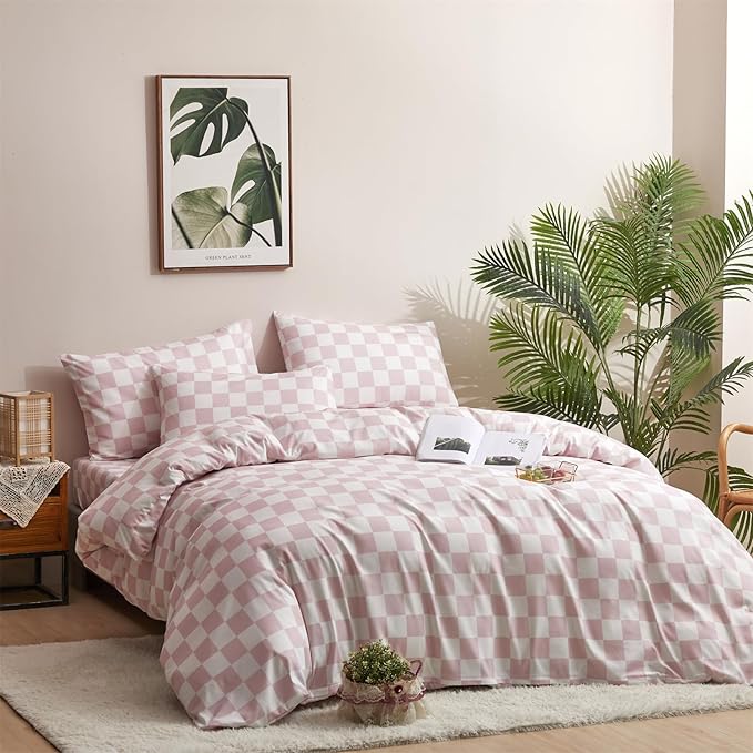 Pureant Pink White Plaid Comforter Sets Full Women Men Bean Pink and White Checkerboard Grid Bedding Comforters Cotton Boys Girls Modern Dusty Pink Checkered Geometric Quilts Luxury Abstract Bed