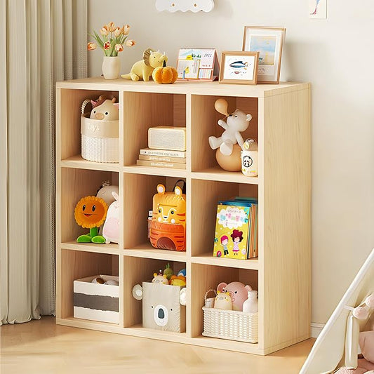 9 Cube Storage Organizer, Cubby Storage Organizer, Cube Shelf with Back Plate, Wooden Kids Bookcase for Toy, Solid Wood Cube Storage for Living Room/Bedroom/Hallway/School, Easy to Install