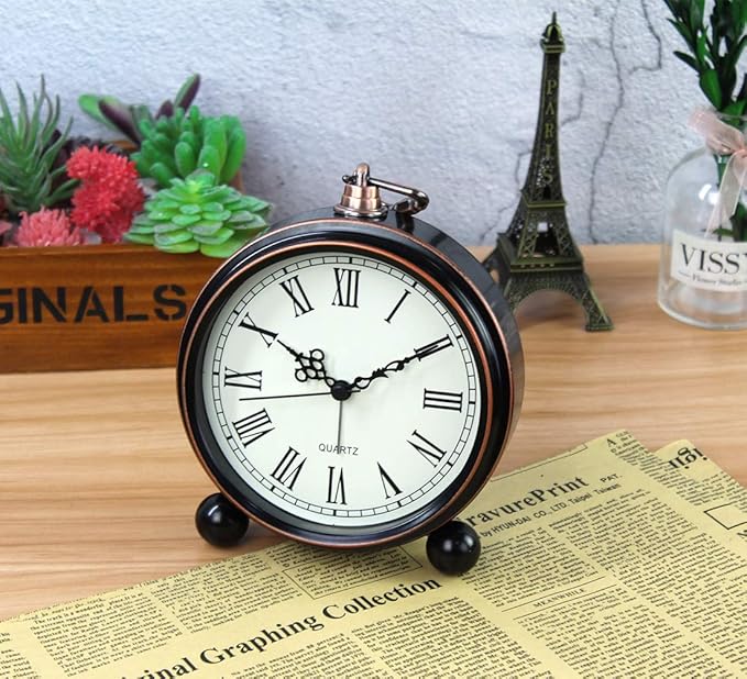 Retro Metal Table Clock Battery Operated Non-Ticking Silent Quartz Table Desk Small Alarm Clock Desk Clock for Kids Bedroom Living Room (Roman-550-15)