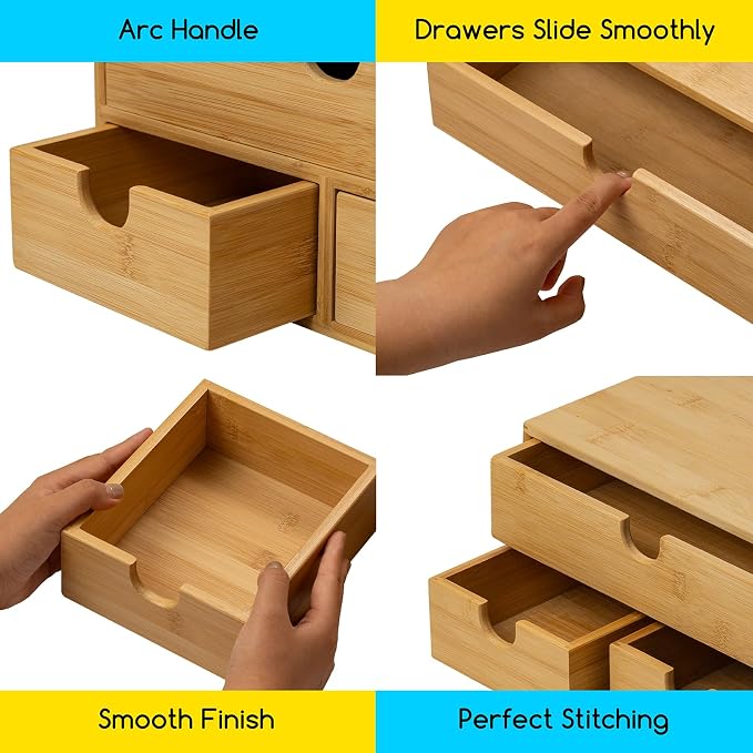 MEEDEN Bamboo Desk Organizer with Drawers: Desktop Storage Drawer Container - Tabletop Storage Organization Box for Office Home Toiletries Supplies