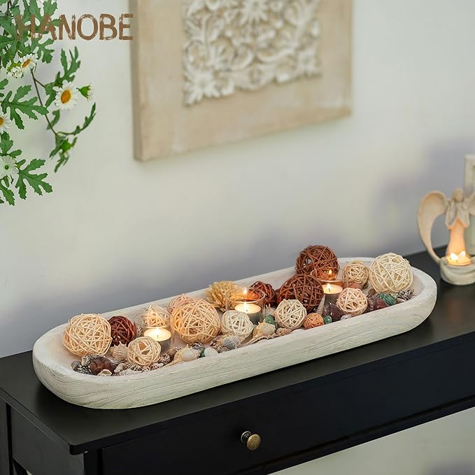 Hanobe Decorative Bowl Large Wooden: 25.5" Extra Long Wood Dough Bowls for Entry Way Table - Farmhouse Coffee Table Decor - Rustic Dining Table Centerpiece Decor, White