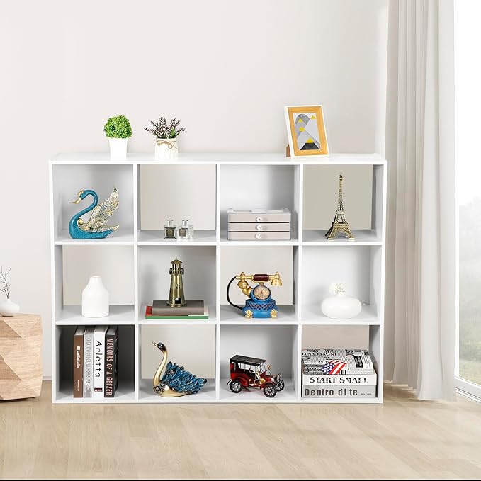 ZenStyle 12 Cube Storage Organizer, Freestanding Bookcase Bookshelf, Modern Multipurpose Display Cabinet for Living Room, Study, Reading Nook, Closet, Bathroom, Office, White