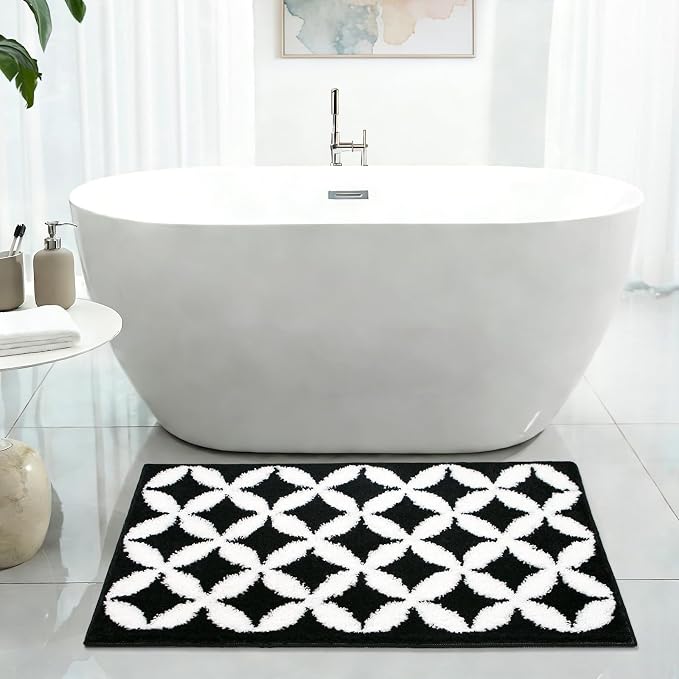 Civkor Black and White Bathroom Rug Non Slip Washable, Tufted Bath Mat for Bathroom with TPR Backing, Quick Dry Fluffy Microfiber Piles, Super Water Absorbent Thin Bath Rug Fit Under Door, 31x20Inch