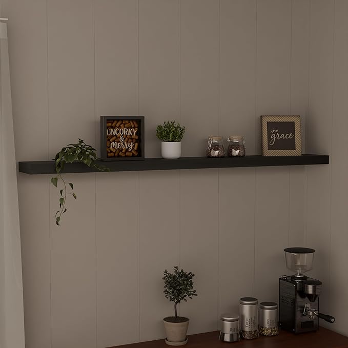 IEO Long Wooden Floating Shelves for Room Wall, Natural Wood Floating Shelves Wall Mounted Kitchen Shelf for Living Room, Bedroom, Kitchen,Bathroom, Storage (Black, 48in 1tier)
