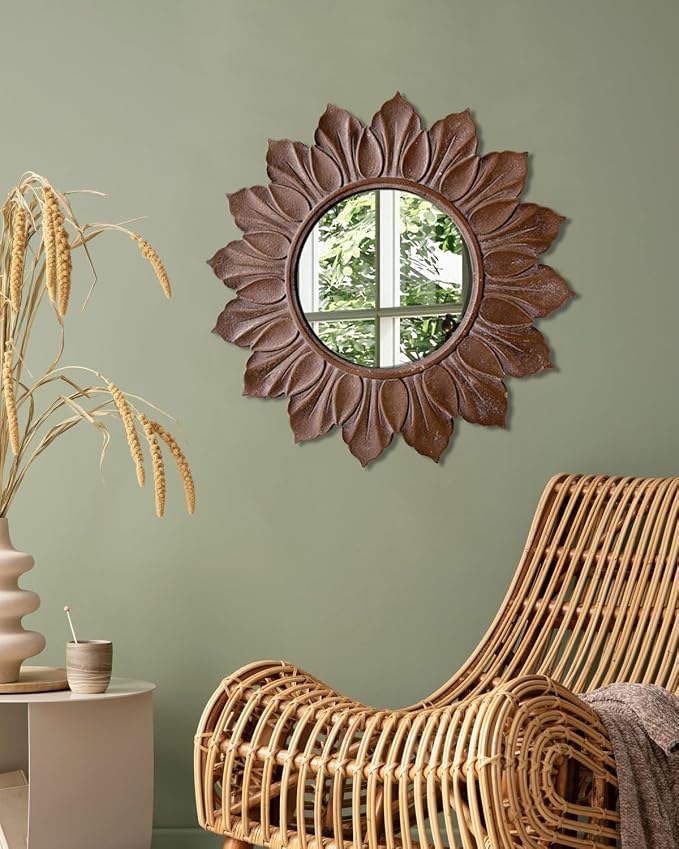 Sunflower Sunburst Wall Mirror, 26" Distressed Brown Wooden Frame, Handcrafted Petal Floral Design, Vintage Farmhouse Style Mirror for Wall Decor for Living Room, Bedroom, Bathroom, Vanity