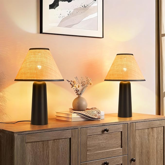 Matte Black Rattan Table Lamp for Bedroom, Modern Wicker Lamps for Bedside Nightstand, Small Table Rattan Shape Lamps for Small Spaces for Kitchen Counter, Home Office, Living Room, Kids Dorm