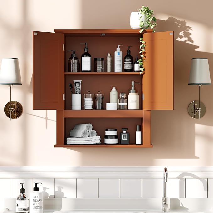VINGLI Bathroom Wall Cabinet, Black Wall Mounted Storage Cabinet for Bathroom Over the Toilet, Medicine Cabinet with 2 Doors and 3-Height Adjustable Shelf & Open Shelf, Painted MDF, Space Saving