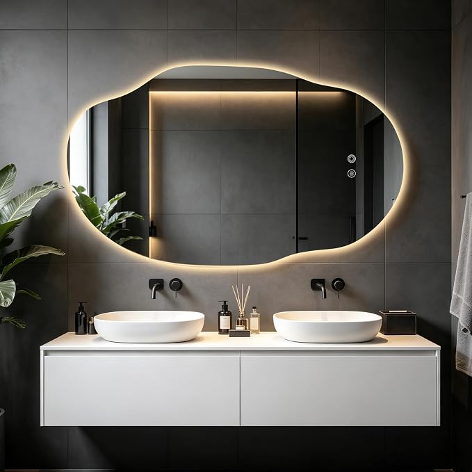 Asymmetrical Bathroom Mirror with Lights,Irregular LED Bathroom Vanity Mirror with Backlit,Anti-Fog,3 Colors and Dimmable Light with Memory,Hardwired Supported[Horizontal/Vertical] 60" H x 36" W