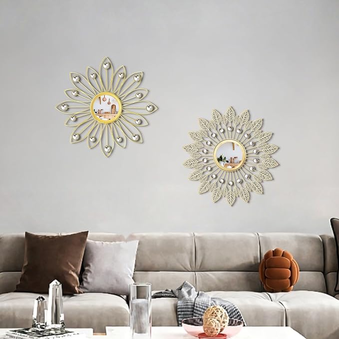 2 Pack Metal Mirrors for Wall Boho Sunburst Wall Mirror Home Decor Modern Decorative Wall Art for Bedroom Living Room Entryway