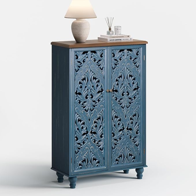 JOINICE 47" Tall Accent Cabinet with Doors and Shelves, Storage Cabinet with Solid Wood Legs for Living Room,Entryway,Dining Room,Bedroom(Blue & Walnut)