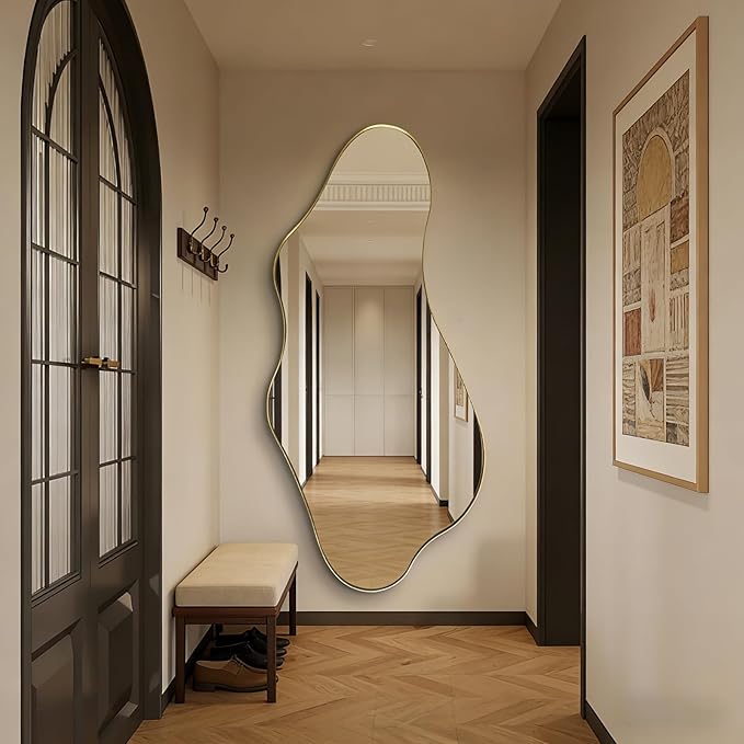 Large Irregular Mirror, 63"x30" Asymmetrical Full Length Mirrors for Dressing, Unique Shaped Mirror Decorative, Gold Abstract Wall Mirrors for Living Room Bathroom Bedroom Hallway Entryway