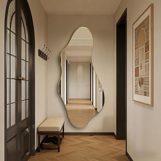 Large Irregular Mirror, 63"x30" Asymmetrical Full Length Mirrors for Dressing, Unique Shaped Mirror Decorative, Gold Abstract Wall Mirrors for Living Room Bathroom Bedroom Hallway Entryway