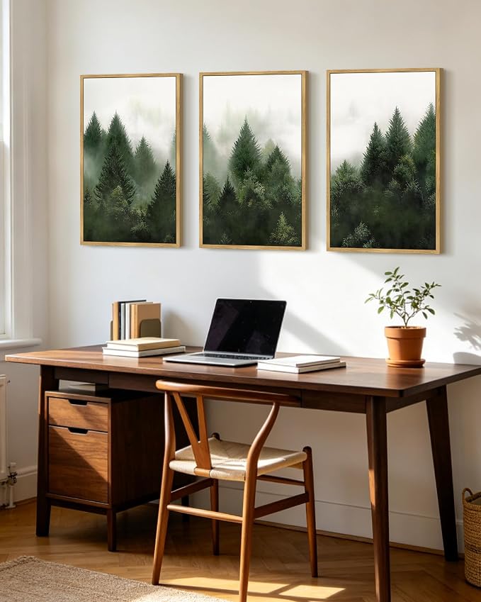 KUVIOKE Morden Green Fog Pine Tree Framed Canvas Wall Art Nature Nordic Forests Artwork Painting Bedroom Decor 16x24in (Natural Framed)