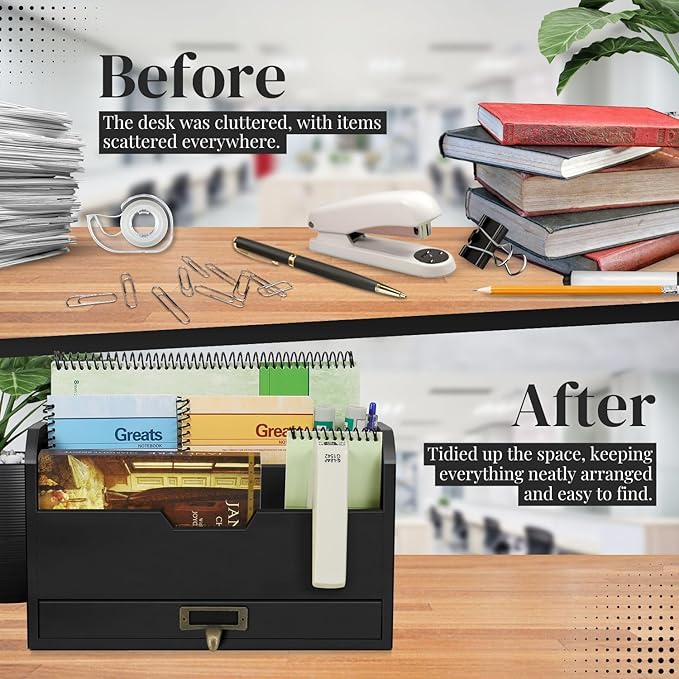 Flexzion 3 Tier Wooden Desk Organizer - Country Rustic Mail Organizer Countertop Compartments Slot File Tray Pencil Sorter Shelf Holder Accessories Set with Storage Drawer for Home Office, Light Brown
