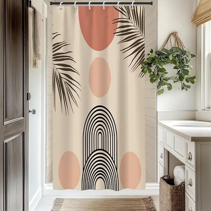 Pink Boho Shower Curtain for Bathroom Modern Abstract Minimalist Bathroom Decor Mid Century Arch Sun Leaf Aesthetic Bathtub Curtains Machine Washable Waterproof Polyester Fabric with Hooks 48x72 Inch