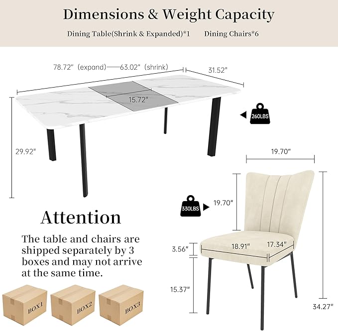 Extendable Dining Table Set for 6-8 People, 63 to 78.7 Inch MDF Kitchen Table with 6 Dining Fabric Chairs, Space-Saving for Dining Room, Breakfast Nook (White Table & 6 Beige Fabric Chairs)