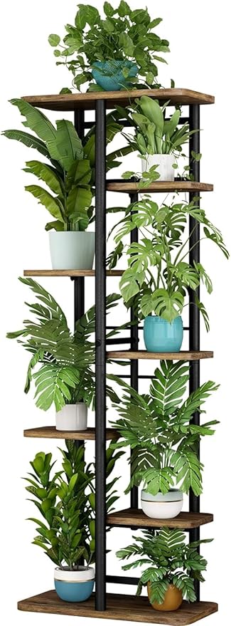 LINZINAR Plant Stand 7 Tier 8 Potted Multiple Flower Pot Holder Shelf Indoor Outdoor Planter Rack Storage Organizer for Patio Garden Corner Balcony Living Room (Black, 7 Tier)
