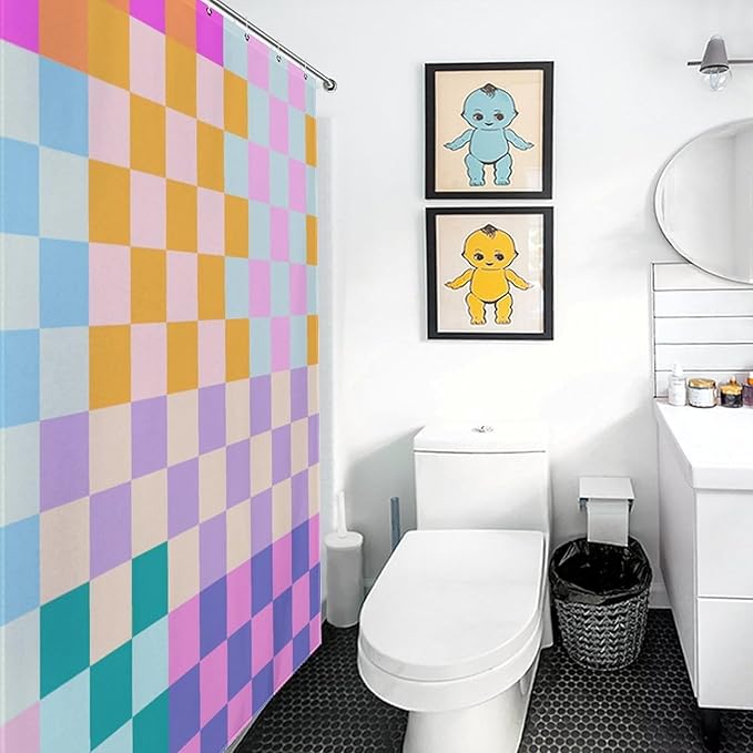 70s Checkered Shower Curtain, Retro Vintage Hippie Groovy Checkboard Colorful Rainbow Abstract Modern Cute Bright Funky Waterproof Fabric Bathroom Shower Curtain Set with Hooks, 72"x84"