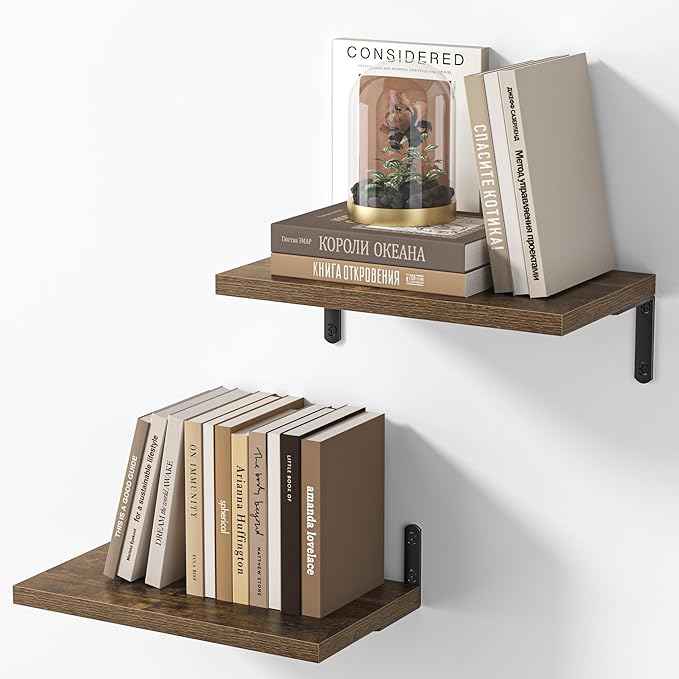 Marsmiles Extra Wide Floating Shelves for Wall, 16x8 Inch Natural Wood Grain Bookshelves, Heavy Duty Mounted Shelving for Bathroom, Kitchen, Living Room, Bedroom,Set of 2，Rustic Brown
