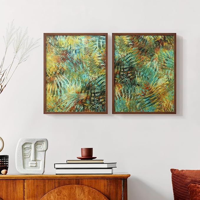 Renditions Gallery Set of 2 Peel & Stick Framed Prints, Nature Abstract Wall Art, Green Leafy Design Wall Decor, Re-Stickable - Ready to Hang - 8"x10" - Walnut Frame LT588