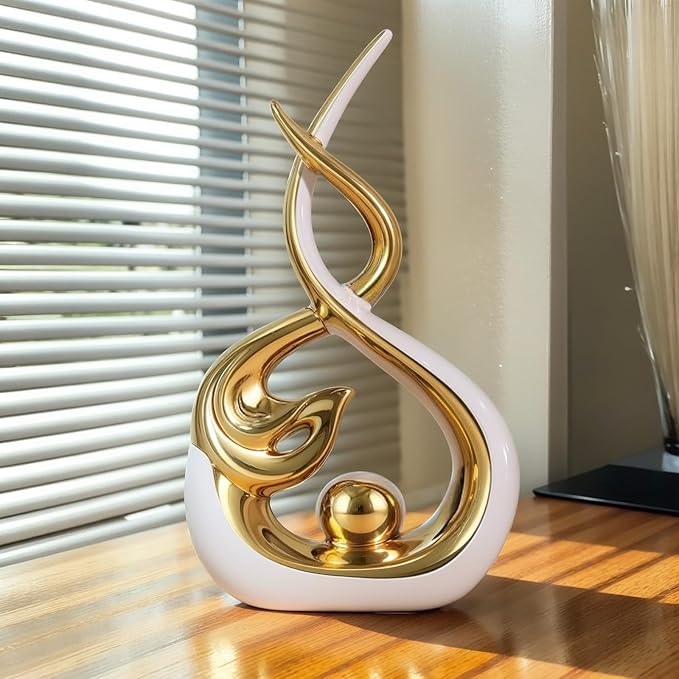 Home Decor Modern Abstract Art Ceramic Statue - 2 PCS White and Gold Sculptures, Mid Century Modern Decor, Elegant Table Centerpieces for Dining Room, Living Room, Office, Entryway, Bookshelf, Mantel