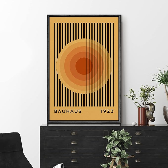 MUDECOR Framed Canvas Print Wall Art Mid-Century Bauhaus Multicolor Orange Circle Shapes Abstract Illustrations Modern Art Multicolor Relax/Calm for Living Room, Bedroom, Office - 16"x24" Black