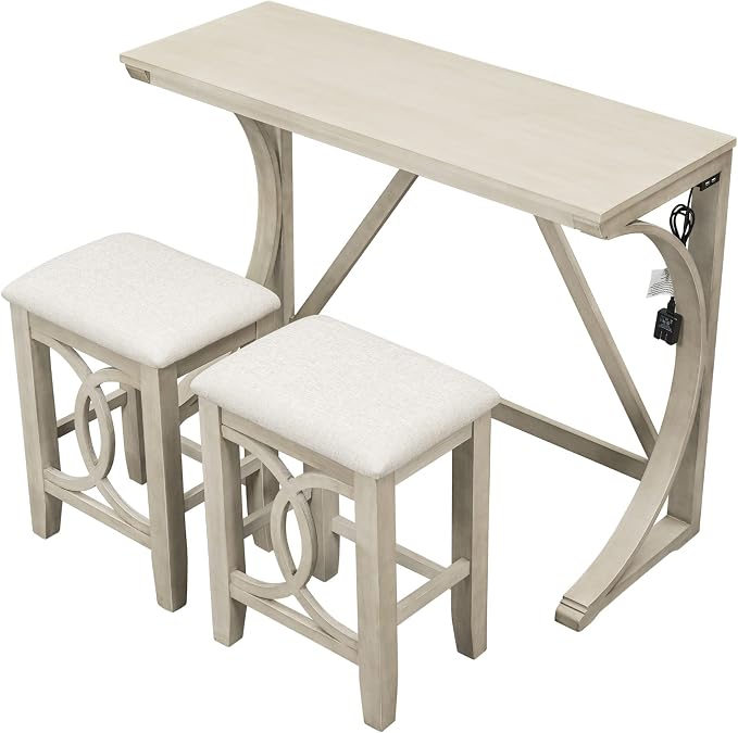 VilroCaz Farmhouse 3-Piece Counter Height Dining Table Set with USB Port and 2 Upholstered Stools, Rustic Dining Set Bar Set for Dining Room Kitchen (Cream)