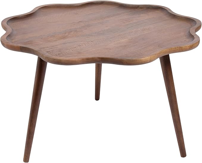 Kate and Laurel Alezar Mid-Century Modern Wavy Round Coffee Table, 30 x 30 x 18, Walnut Brown, Transitional Scalloped Circle Living Room Table with Solid Mango Wood Construction and Tapered Legs