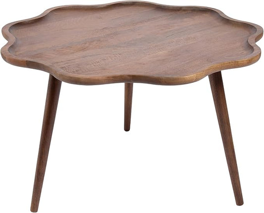 Kate and Laurel Alezar Mid-Century Modern Wavy Round Coffee Table, 30 x 30 x 18, Walnut Brown, Transitional Scalloped Circle Living Room Table with Solid Mango Wood Construction and Tapered Legs