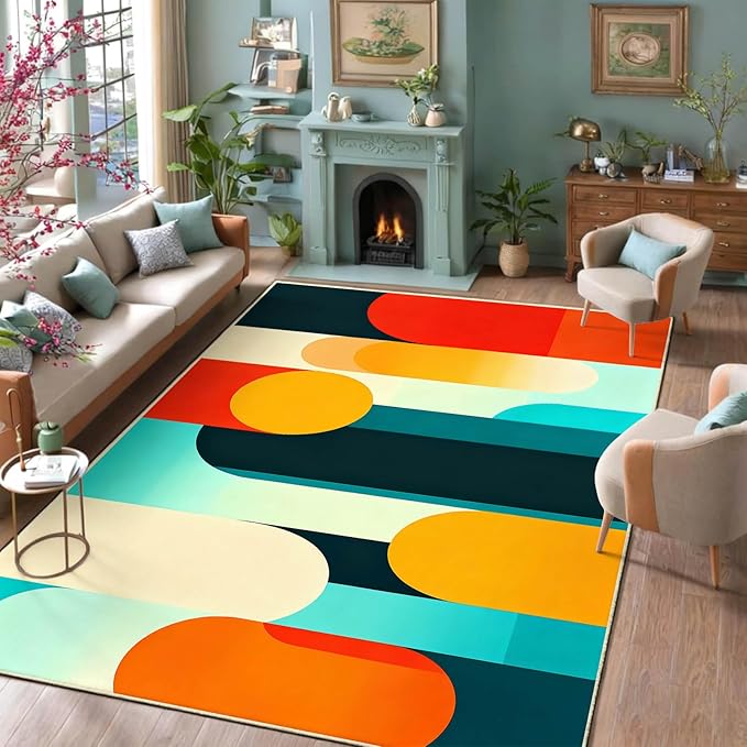 10x14 Geometric Area Rug, Modern Geometric Abstract Colorful Rug, Mid Century Modern Rugs, Colorful Abstract Rugs for Living Room, Washable Non Slip Soft Low Pile Carpet