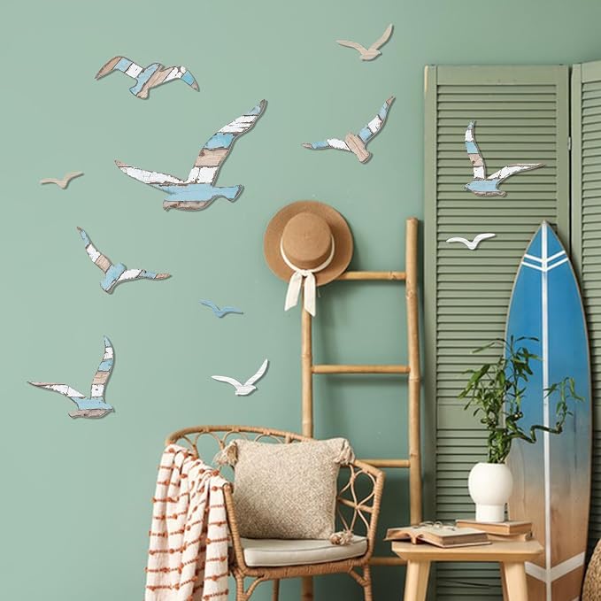 Zzbakress 11 Pcs Wooden Seagull Wall Decor Nautical Coastal Beach Wall Art Vintage Ornaments Unique Sea Birds Wall Sculpture for Home Bathroom Living Room Bedroom (Vintage)