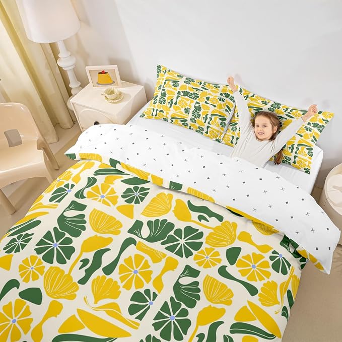 Erosebridal Retro Abstract Boho Bedding Set Twin Mid Century Modern Abstract Geometric Duvet Cover Cute Yellow Green Floral Plants Comforter Cover for Kids Adults,Vintage Patchwork Flower Bed Set