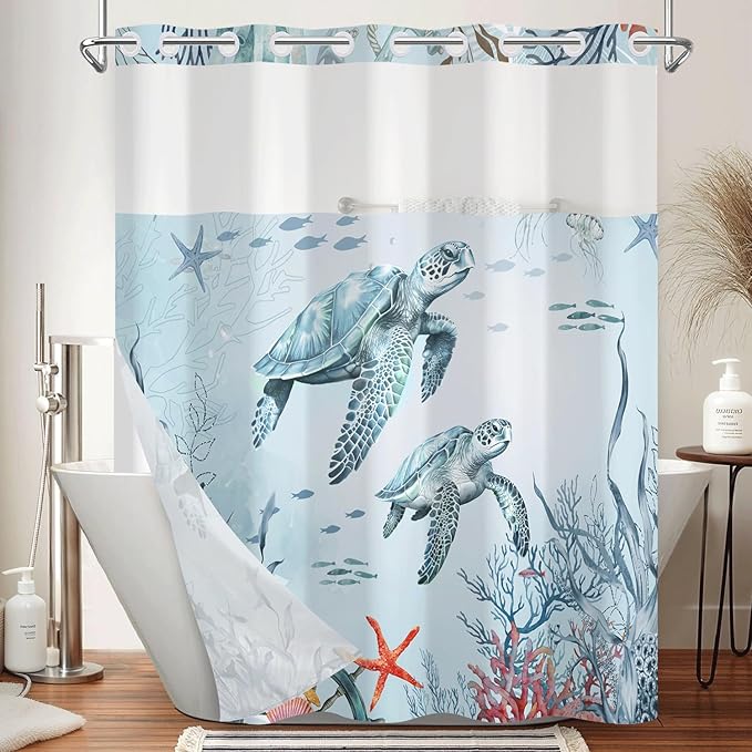 No Hook Shower Curtain with Snap in Liner Set, Coastal Sea Turtle Marine Life Print Shower Curtains for Beach House & Nautical Kids Bathroom, Mesh Top Waterproof Bath Curtain, 71x74 Inch