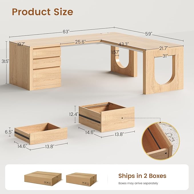 SEDETA 63" L Shaped Desk with 3 Drawers, Modern Executive Office Desk with File Drawer, Wood Corner Computer Desk with Relief Texture, Home Office Desk with Power Outlet, Natural