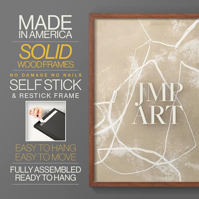 Renditions Gallery Set of 2 Peel & Stick Framed Prints, Neutral Abstract Wall Art, Beige Line Art Pattern Wall Decor, Re-Stickable - Ready to Hang - 11"x14" - Walnut Frame LT588