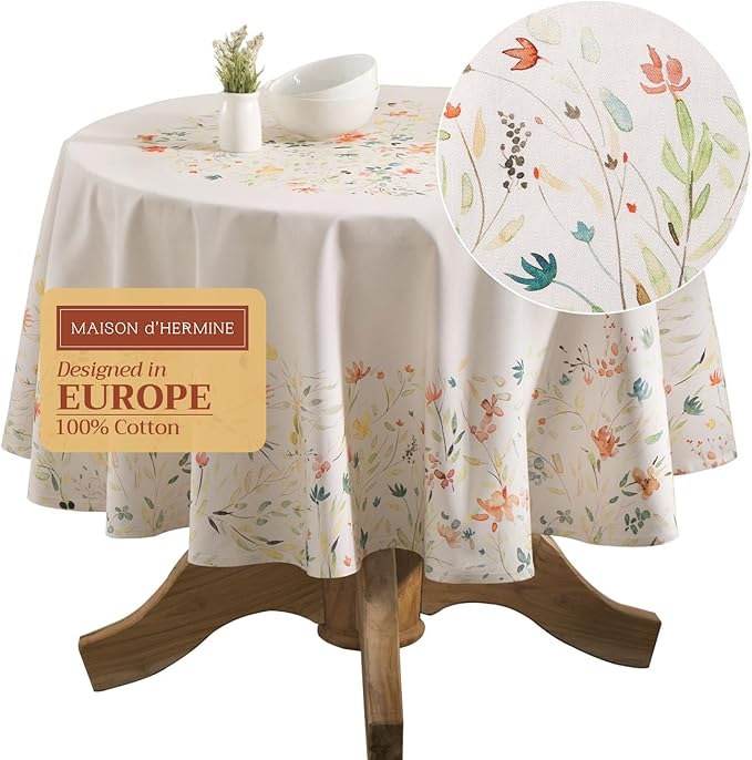 Maison d' Hermine Table Cloth Round Table 100% Cotton 63 Round Inches Tablecloth Reusable Decorative for Dining Room Farmhouse Home Valentines Day Decorations Spring Summer - Colmar