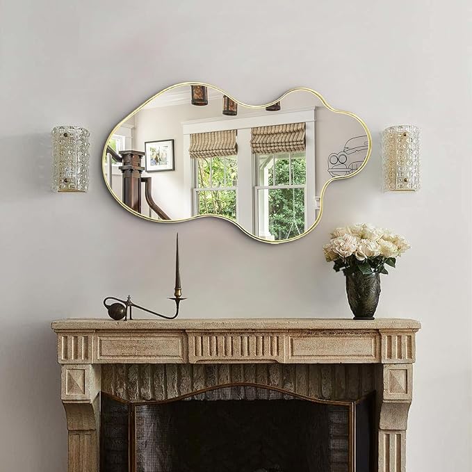 Irregular Mirror, 30"x18" Asymmetrical Mirror, Gold Metal Frame Abstract Wall Mirrors Decorative, Modern Odd Shaped Mirrors for Living Room Bathroom Bedroom Hallway Entryway Fireplace