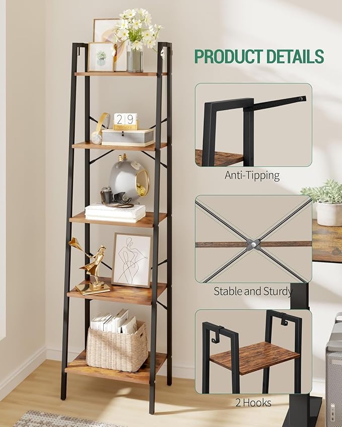 Hzuaneri Ladder Shelf, Bookshelf Bookcase, Freestanding Corner Storage Shelve with 2 Hooks for Home Office, Living Room, Kitchen, Bedroom, Industrial, 11.8" D x 17.3" W x 63" H, Rustic Brown BC19201B